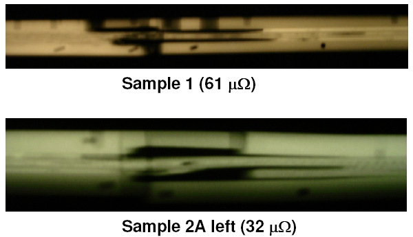 Примеры снимков электрических контактов со слишком высоким сопротивлением. Изображение из доклада Minimum requirements for 13 kA splices
