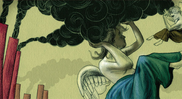 Под этой символической картинкой, опубликованной в журнале Nature 30 апреля 2009 года, помещен крупный заголовок — «Непосильная ноша». Так называется обзорная статья Ричарда Монастерского, посвященная проблемам регуляции выбросов СO2 и возможным последствиям разного уровня содержания углекислого газа в атмосфере для климата Земли