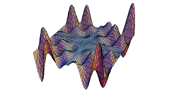 Рис. 1. Примерно так представляют себе биологи «ландшафт приспособленности». Два горизонтальных измерения соответствуют фенотипу, вертикальное отражает приспособленность. Если речь идет об отдельном белке, то фенотип — это аминокислотная последовательность, а приспособленность — это эффективность выполнения белком своей функции. Рисунок с сайта classes.yale.edu