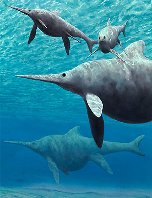 Ихтиозавры Shonisaurus popularis как их представил себе художник. Скелеты этих рептилий в большом количестве были найдены в центральной части штата Невада (США). Рисунок с сайта www.onlinenevada.org