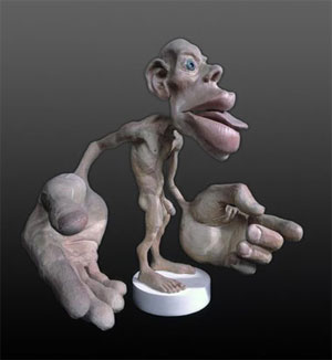 «Сенсорный гомункулюс»: схематическое изображение человека с пропорциями, соответствующими представленности осязательных ощущений от различных частей тела в коре головного мозга. Видно, что главные наши «органы осязания» — это кисти рук. Изображение с сайта piclib.nhm.ac.uk