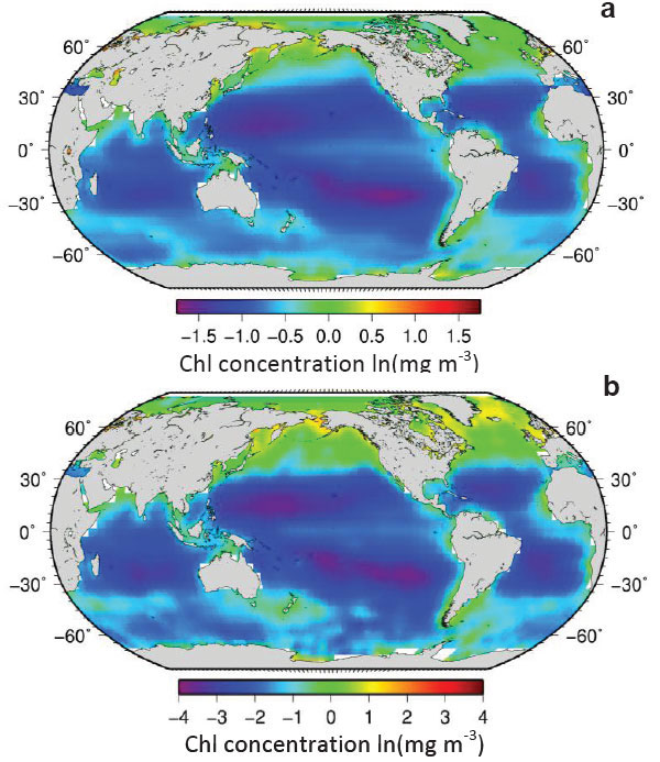 Рис. 1. Усредненная картина распределения биомассы фитопланктона (точнее, содержание хлорофилла) по всей акватории Мирового океана, полученная с помощью: (a) широкополосного сенсора SeaWiFS и (b) «Сканера прибрежной зоны» (Coastal Zone Color Scanner, CZCS). Рис. из дополнительных материалов к обсуждаемой статье Boyce, Lewis & Worm в Nature