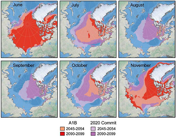 Прогноз состояния ледового покрова (фиолетовым, розовым и красным показаны области, покрытые льдом) на середину XXI века (2045–2054 годы) и на конец XXI века (2090–2099) согласно двум возможным сценариям развития климата: «A1B» и «2020 Commitment». Из дополнительных материалов к обсуждаемой статье S. C. Amstrup et al. в Nature