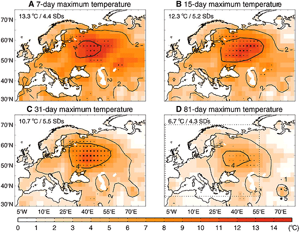 Рис. 1. Распространение области экстремально высоких температур в Европе летом 2010 года. Материалом для отсчета служили средние значения для того же календарного периода за 1970–1999 годы. Из обсуждаемой статьи в Science