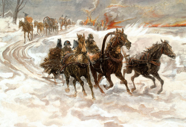 Бегство французов из России в 1812 году. Холодная зима оказалась неожиданностью и ускорила разгром французских войск. Раскрашенная гравюра по картине польского художника Яна Хельминсокго (Jan Chelminski). Из статьи A. R. Solow в Nature