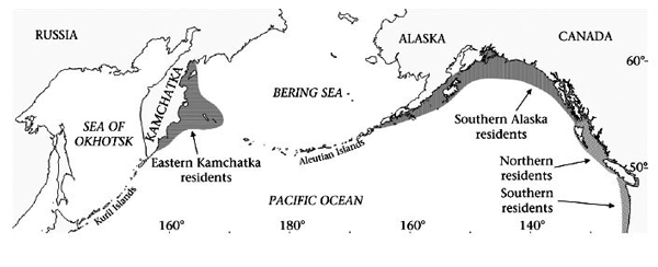 Карта распространения четырех популяций резидентных косаток, изученных в данном исследовании