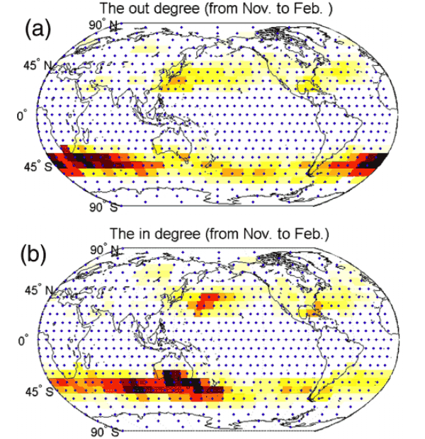 Рис. 1. Климатическая сеть, использованная для поиска дальних климатических связей в данных по приземной температуре