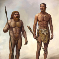 Рис. 1. Неандерталец и сапиенс. Рисунок Николая Ковалева