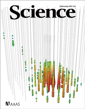 Рис. 5. Обложка журнала Science за 22 ноября 2013 года с изображением отклика, который оставило нейтрино с энергией 250 ТэВ, зарегистрированное детектором IceCube