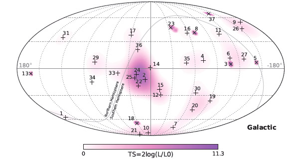 Рис. 5. Распределение направления прилета высокоэнергетических нейтрино по небу