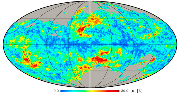 Рис. 2. Карта поляризации микроволнового излучения в галактических координатах, полученная обсерваторией Planck на частоте 353 ГГц