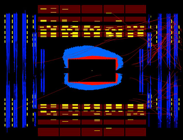 Рис. 5. Детектор CMS зарегистрировал частицы, родившиеся при поглощении пучка заслонкой