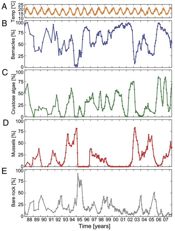 Рис. 2. Зарегистрированная динамика изменения разных параметров экосообщества