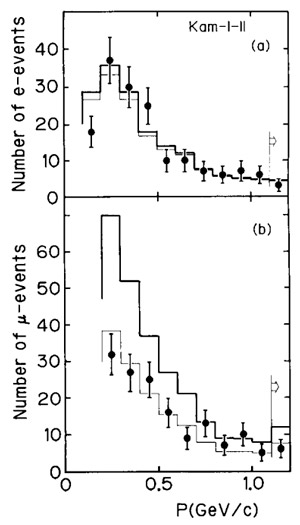 Рис. 3. Потоки электронных и мюонных нейтрино в зависимости от импульса, измеренные экспериментом Kamiokande в 1991 году
