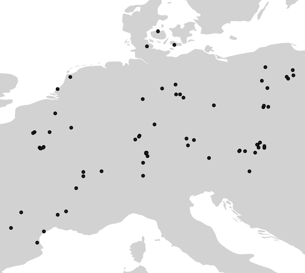 Географическое распределение местонахождений, послужившие источником данных для этой работы