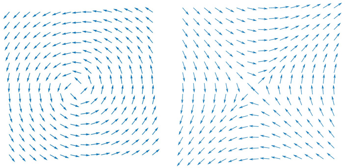 Рис. 3. Два топологически нетривиальных возбуждения спиновой решетки: вихрь (слева) и антивихрь (справа)
