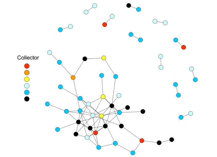 Рис. 3. 57 родственных мальков (каждая рыбка обозначена кружком), выловленных вдоль четырехкилометровой береговой линии Орегона; цвет кружков обозначает ловушки, отмеченные на карте выше