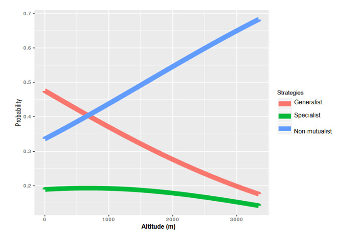 Рис. 3. Изменение вероятности существования растений из подтрибы Hydnophytinae в зависимости от высоты