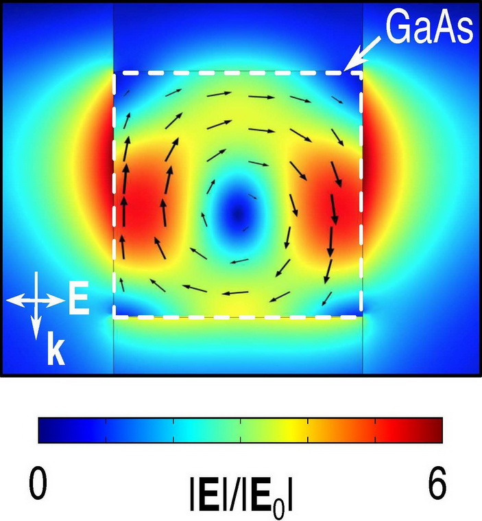 <b>Рис. 2.</b> Усиление электромагнитного поля световой волны в нанодиске арсенида галлия (численный расчет)