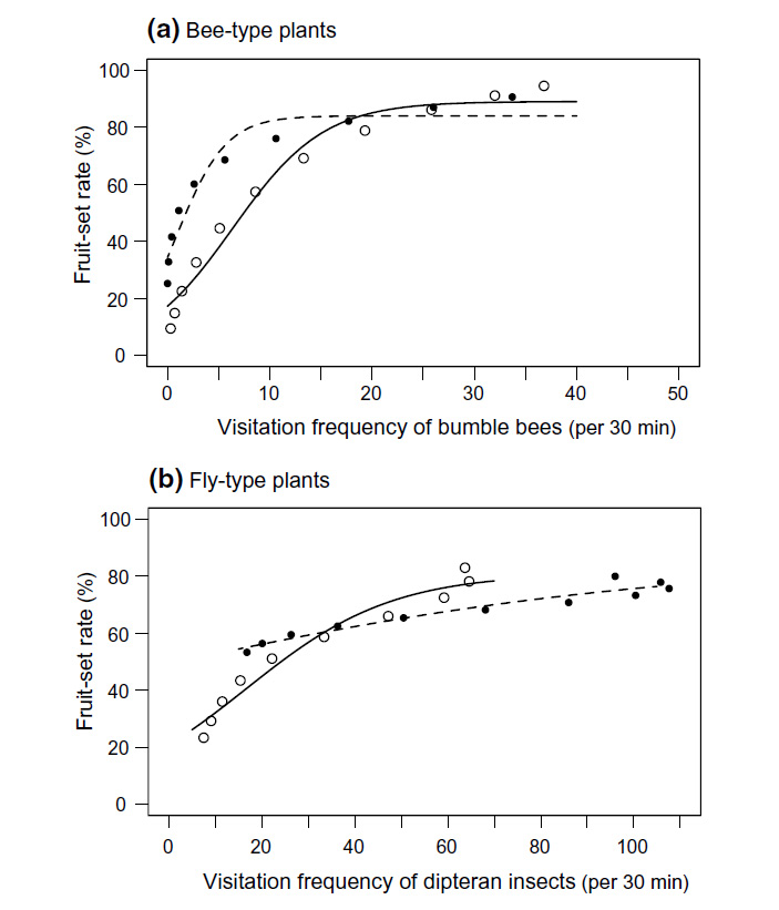 Рис. 5. Зависимость завязываемости плодов от активности опылителей