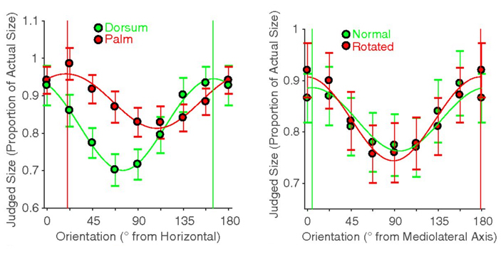 Рис. 7. Слева — зависимость искажения восприятия расстояния между точками. Справа — зависимость искажения восприятия расстояния от угла наклона