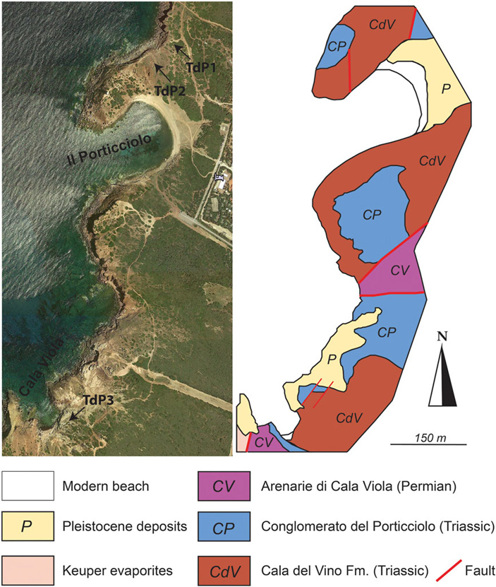 Рис. 5. Спутниковый снимок трех местонахождений и упрощенная геологическая карта с основными пермскими и триасовыми отложениями