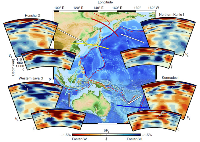 Рис. 2. Сейсмографические разрезы по четырем профилям в окраинных частях Тихоокеанского бассейна