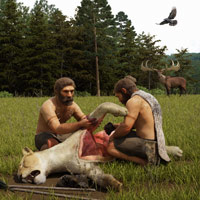 Неандертальцы из Зигсдорфа разделывают пещерного льва, убитого деревянным копьем