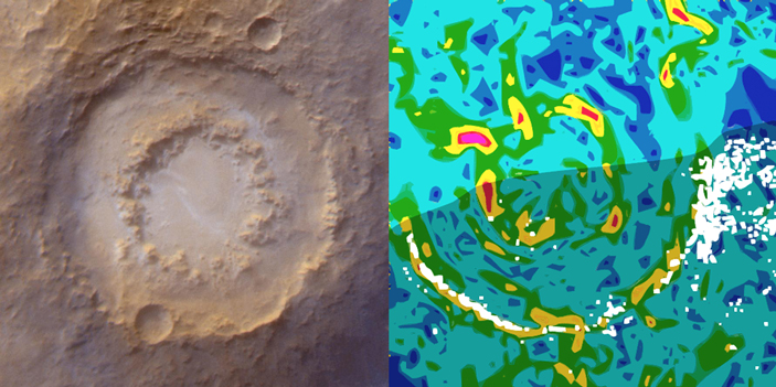 Рис. 1. Марсианский кратер Лоуэлл и гравитационные аномалии полуострова Юкатан