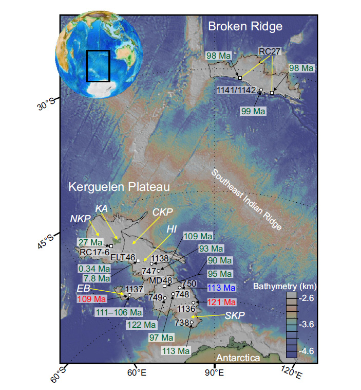 Рис. 2. Карта глубин района плато Кергелен с отметками возраста базальтов