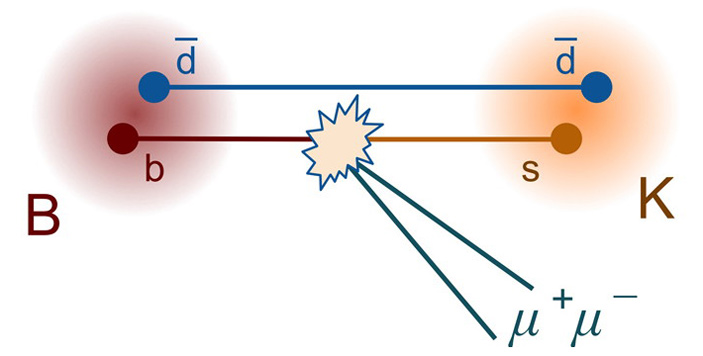 Рис. 2. Схематичное изображение распада B-мезона на К-мезон и мюон-антимюонную пару