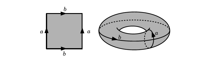 Рис. 5. Тор получается из квадрата отождествлением точек на противоположных сторонах
