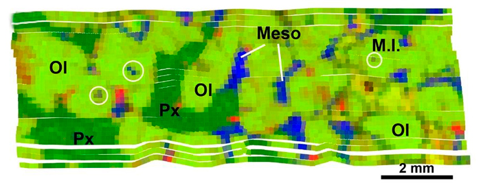 Рис. 9. Минералого-геохимическая карта образца оливиновой породы, составленная на основе данных рентгеновско-флуоресцентного анализа