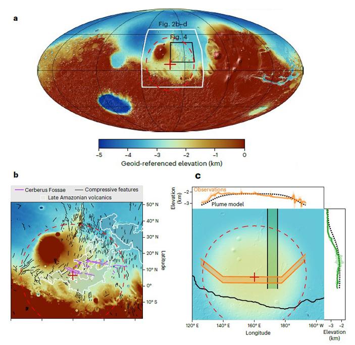 Рис. 5. Топографические и гравиметрические доказательства наличия поднятия над мантийным плюмом в районе равнины Элизий