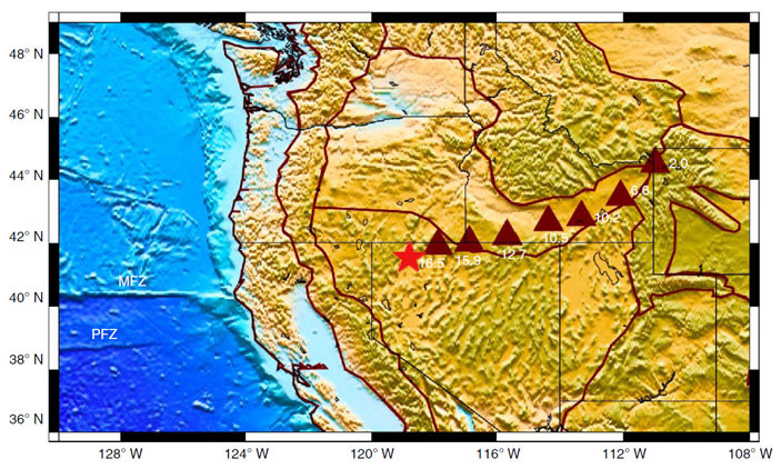 Рис. 3. Увеличение возраста палеокальдер вулканической системы Йеллоустон