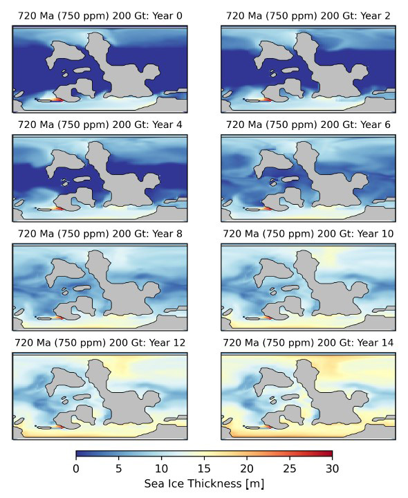 Рис. 5. Толщина морского льда при сценарии 720 Ma (750 ppm)