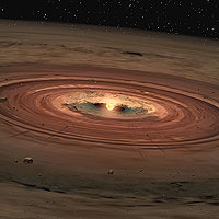 Так художник представляет себе вид коричневого карлика OTS 44, окруженного протопланетным облаком. Изображение NASA/JPL-Caltech