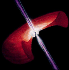 Рисунок активного ядра галактики. Часть диска, обращенная к нам, на рисунке обрезана, чтобы были видны внутренние области (с сайта www.star.le.ac.uk)