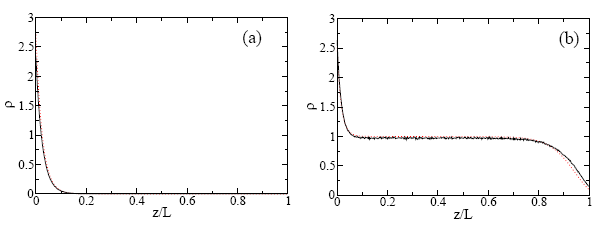 Рис. 2. Распределение концентрации частиц по глубине («0» по горизонтальной оси — дно, «1» — поверхность). Слева: малоактивные частицы осели на дно под действием силы тяжести; справа: достаточно активные частицы равномерно распределены почти по всему водоему. Рис. из обсуждаемой статьи в Physical Review Letters