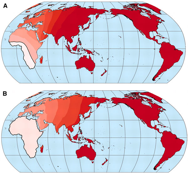 Локализация предполагаемого центра происхождения языков. A — на основе данных по индивидуальным языкам, B — на основе усредненных данных по языковым семьям. Чем светлее оттенок, тем достовернее убывание фонетического разнообразия по мере удаления от данного района. Рисунок из обсуждаемой статьи в Science