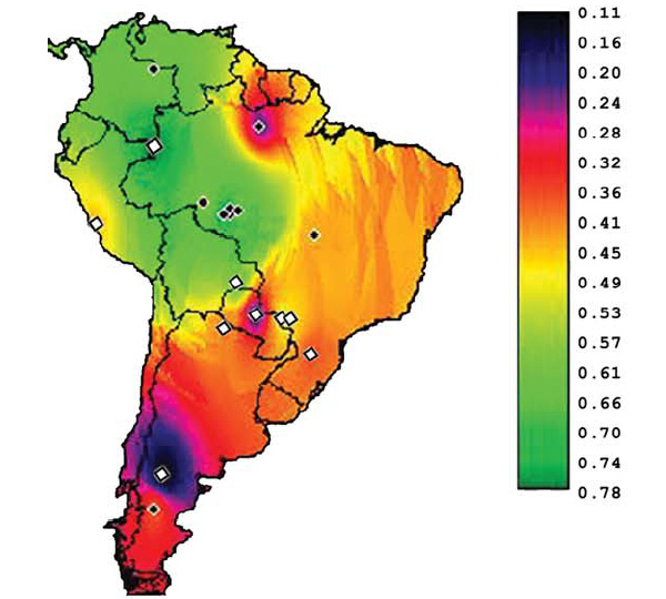 Частота встречаемости «гена авантюризма» (аллеля 7R гена DRD4) в популяциях коренных южноамериканцев. Ромбиками обозначены места проживания 18 исследованных популяций (белые ромбики — оседлые земледельцы, черные — кочевые охотники-собиратели). Рисунок из обсуждаемой статьи в American Journal of Physical Anthropology