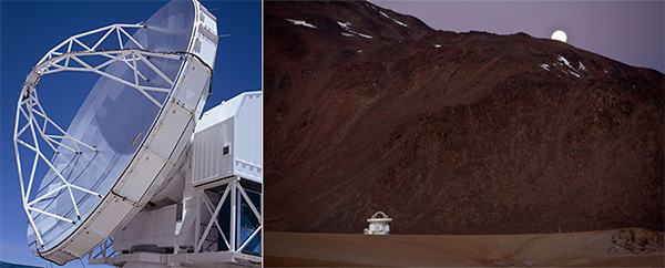 Рис. 1. Радиотелескоп APEX на плато Чахнантор в пустыне Атакама (Чили). Расположен на высоте 5100 метров над уровнем моря, что обеспечивает прекрасный астроклимат для наблюдений в субмиллиметровом диапазоне. Создан силами Института радиоастрономии общества им. Макса Планка (Германия), Космической обсерватории Онсала (Швеция) и Европейской Южной обсерватории (ESO, штаб-квартира в Германии). Справа — телескоп APEX на фоне Чилийских Анд. Фото с сайта ESO (www.eso.org)