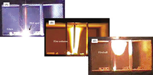 Три стадии создания рукотворной шаровой молнии: локальное испарение вещества сфокусированными микроволнами, плазменный столб и шарик, висящий под потолком (изображение с сайта prl.aps.org)