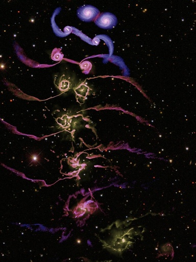 Так, согласно компьютерному моделированию, протекает столкновение двух спиральных галактик с черными дырами в их центрах. Цвет указывает на температуру, а яркость - на плотность газа. С сайта www.mpg.de