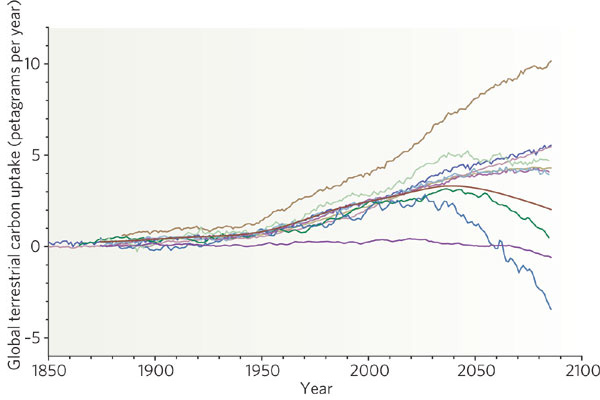Рис. 2. Динамика связывания углерода (в петаграммах, 10^15 г C за год) наземными экосистемами начиная от уровня 1850 года согласно 11 разным моделям. Видно, сколь велик разброс в оценках прошлого и в прогнозах на будущее. Рис. из обсуждаемой статьи в Nature