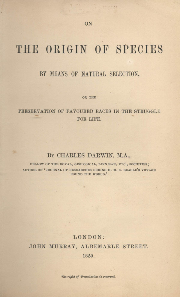 Титульный лист первого издания «Происхождения видов» (1859). Заявленная автором как «abstract», эта книга содержала всестороннее обсуждение новой теории, изложенное на доступном для любого образованного человека уровне, и сразу после публикации стала бестселлером. Во многом именно поэтому, несмотря на то, что Дарвин давно умер, а теория эволюции за последнее столетие была основательно переработана и дополнена, мы по сей день говорим «Дарвин», подразумеваем — «эволюция». Фото с сайта www.library.usyd.edu.au