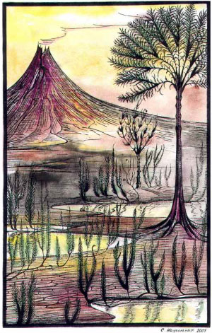 Растительность среднедевонской эпохи: справа — кладоксилеевый папоротник Pseudosporochnus nodosus, на переднем плане — плауновидные (рисунок и подпись к нему: С. В. Наугольных, 2001)