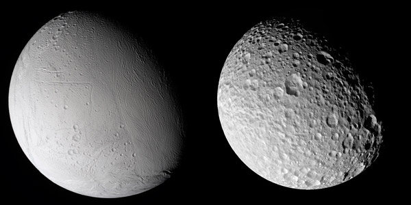 Рис. 5. Сравнение двух спутников Сатурна — Энцелада (слева) и Мимаса (справа)