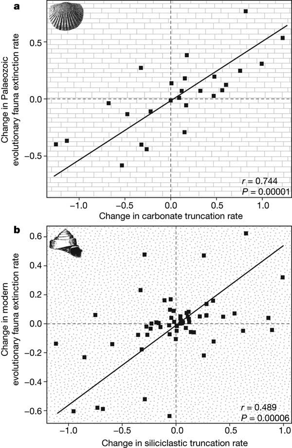 Рис. 3. Положительная корреляция между темпом «вымирания» карбонатных толщ и темпом вымирания родов палеозойской ЭФ (верхний график) и между темпом «вымирания» терригенных толщ и темпом вымирания родов современной ЭФ (нижний график). По вертикальной оси — изменение темпов вымирания родов в данном временном интервале по сравнению с предыдущим. По горизонтальной оси — изменение темпов «вымирания» толщ. Каждая точка соответствует одному из временных интервалов фанерозоя. Рис. из обсуждаемой статьи в Nature