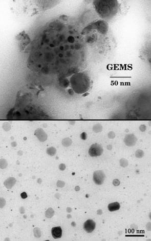 Частицы GEMS. Вверху: натуральные в составе межпланетной пыли (фото: NASA). Внизу: искусственные, полученные французскими исследователями (фото с сайта www.physorg.com)